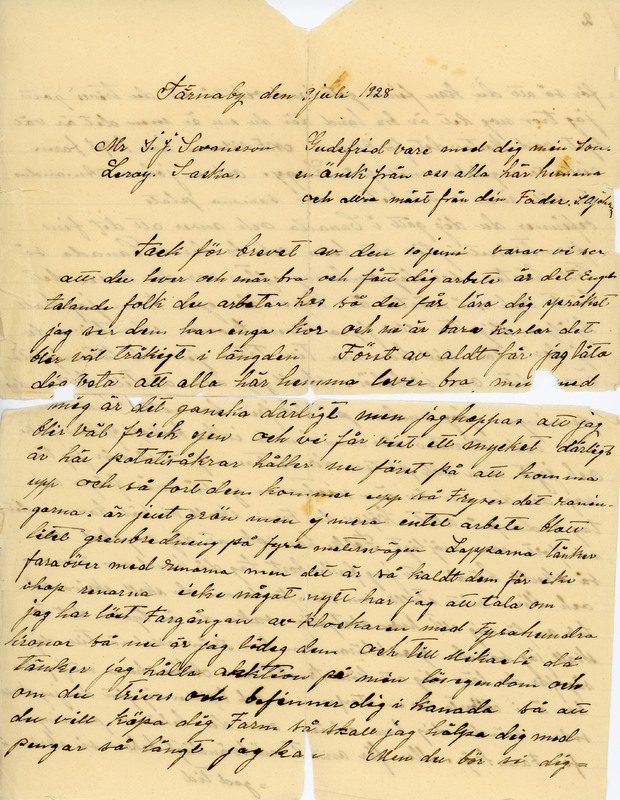 Ett brev skrivet den 2 juli 1928 av S O Johanss...