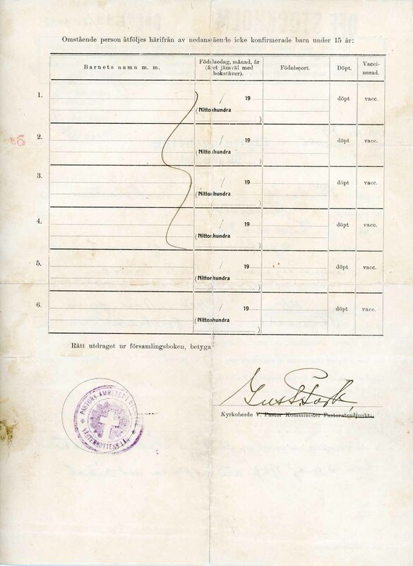 Baksidan av Flyttningsbetyg till utlandet 1929.