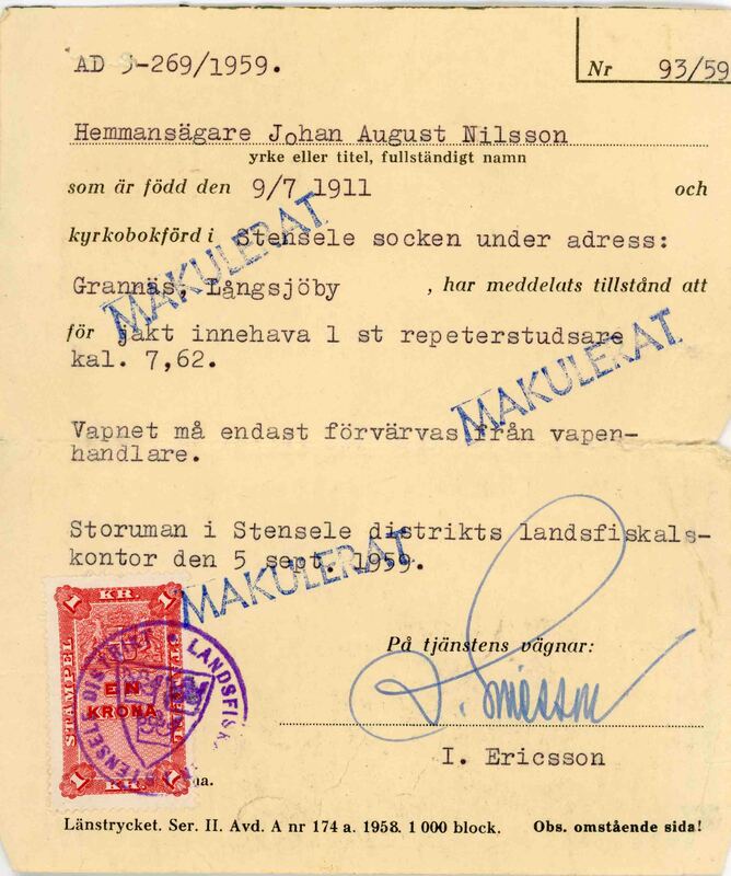 Vapenlicens för hemmansägaren Johan August Nils...