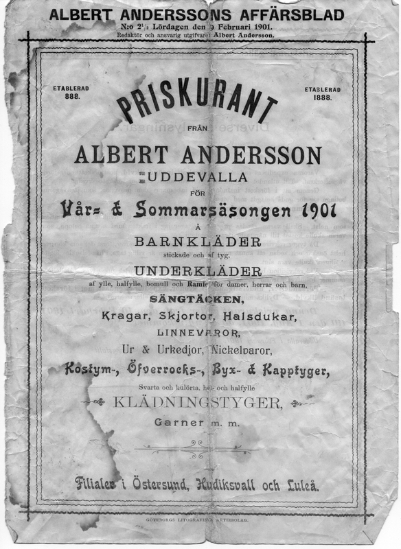 Priskurant från Albert Andersson, Uddevalla vår...