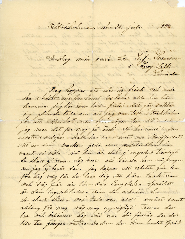 Ett brev skrivet den 22 juli 1928 av S O Johans...
