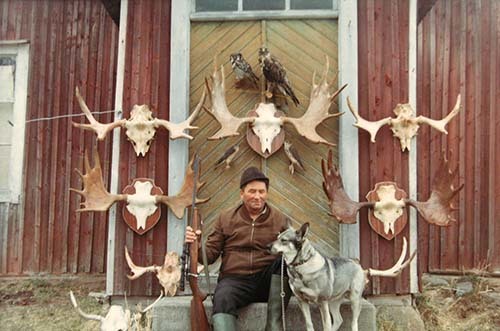 Holmfrid Olofsson med en del av sina jakttroféer 
