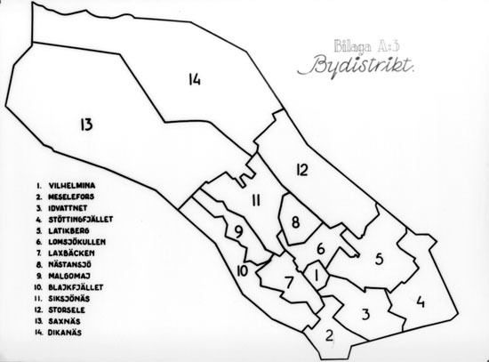 Karta över bydistrikt i kommunen år 1957.