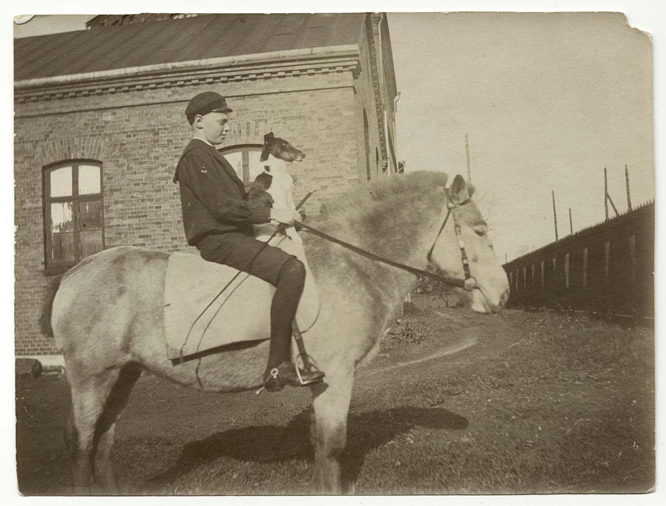 Pojke och hund på häst, möjligen Andersfält i E...