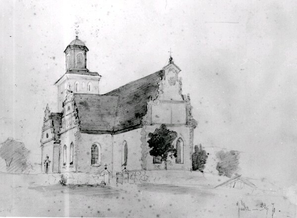 Jäders kyrka tecknad av sörmlandskonstnären Car...