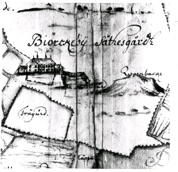 Detalj från en karta över Björkeby säteri i Tor...