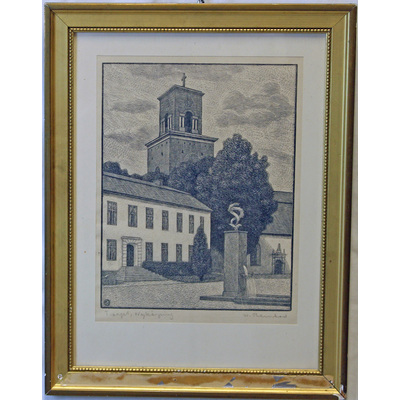 SLM 6592 - Trägravyr, stora torget i Nyköping, konstnär: Waldemar Bernhard (1890-1965)