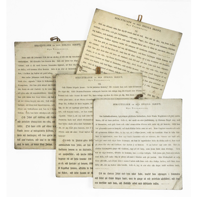 SLM 59428 1-4 - Fyra planscher, berättelser ur bibeln, från Strängnäs läroverk, 1800-tal
