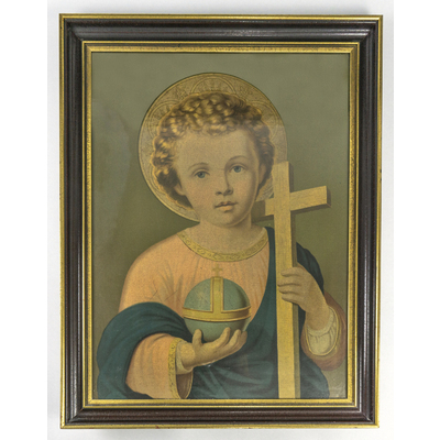 SLM 38723 - Religiöst oljetryck, inramat motiv, Jesusbarnet med kors och klot