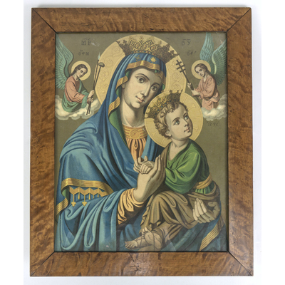 SLM 38717 - Religiöst oljetryck, inramat motiv, Maria med Jesusbarnet, ryska bokstäver