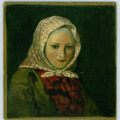 SLM 11054 - Oljemålning, porträtt av allmogeflicka i schalett