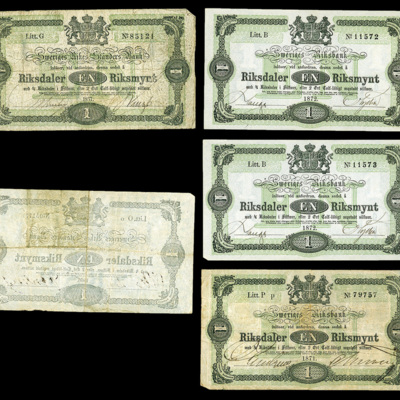 SLM 16989 1-5 - Fem sedlar, 1 Riksdaler Riksmynt, 1866, 1867, 1971, 1872