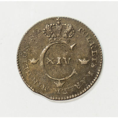 SLM 59477 21 - Mynt av koppar, 1/4 skilling 1827, Karl XIV Johan, från Strängnäs