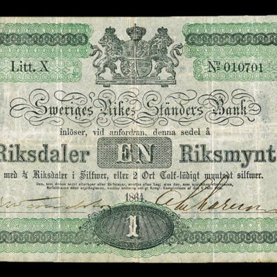 SLM 7891 12 - Sedel, 1 Riksdaler Riksmynt 1864