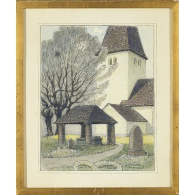 SLM 5718 - Inramad akvarellerad teckning av Ferdinand Boberg, Ytterselö kyrka