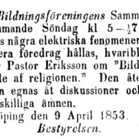 SLM M031351 - Kallelse 9 april 1853 till Bildningsföreningens sammanträde.