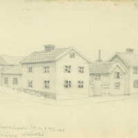 SLM 23205 - Teckning, J. G. Weijnblad, Hospitalsgatan i Nyköping 19/7 1943