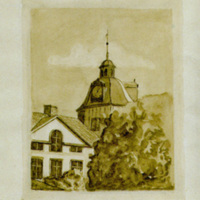 SLM 24868 - Målning i sepia, Alla Helgonas klockstapel i Nyköping år 1918, av Sven Edblad omkring 14 år
