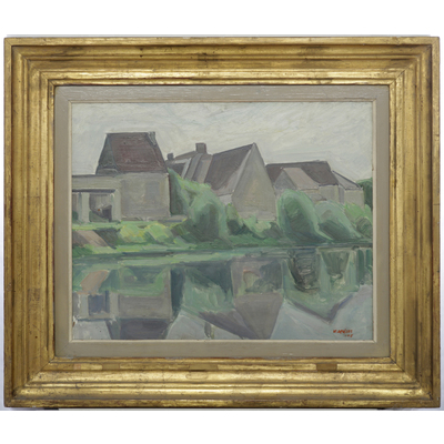SLM 27946 - Oljemålning,landskap med hus av Victor Axelsson 1948