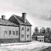 SLM KW186 - Östra Kvarngatan 2 i Nyköping, teckning av Knut Wiholm
