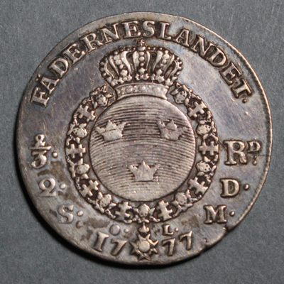 SLM 16397 - Mynt, 2/3 riksdaler silvermynt typ I 1777, Gustav III