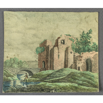 SLM 13754 - Dekor till modellteater, landskap med ruin, bro och fiskande man, 1800-tal
