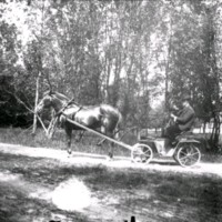 SLM Ö596 - Carl Åkerhielm kör en häst förspänd en trilla, 1890-tal