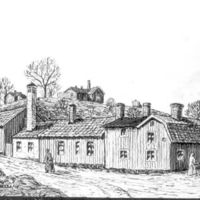 SLM M022175 - Källgränd i Nyköping, teckning av Knut Wiholm