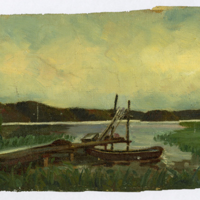 SLM 36575 4 - Oljemålning, skärgårdsmotiv med båt, av Clara Sandströmer (1861-1942)