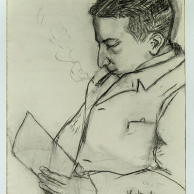 SLM 24217 - Kolteckning, rökande man, av Adolf Stern