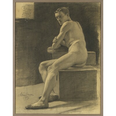 SLM 56250 - Inramad kolteckning av Albin Jerneman (1868-1953), sittande naken man