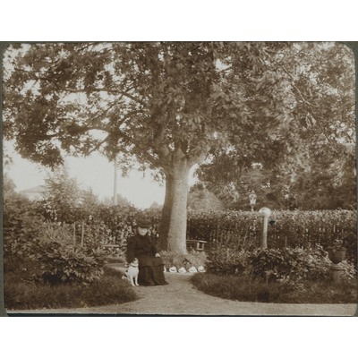 SLM P09-1458 - Emma Lovisa Hedin och hund i trädgård
