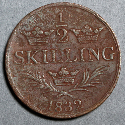 SLM 16542 - Mynt, 1/2 skilling kopparmynt 1832, Karl XIV Johan