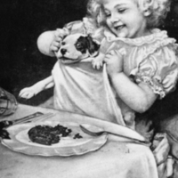 SLM P07-1917 - Vykort efter målning, flicka vid matbordet med hund, tidigt 1900-tal
