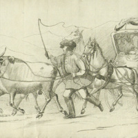 SLM 8666 - Etsning, man med oxar och en hästdragen vagn