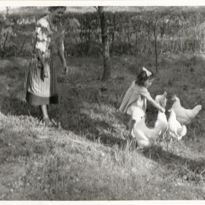 SLM P2016-0372 - Yvonne Wohlin matar hönsen hos mormor cirka 1945