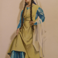 SLM 24479 12 - Akvarell, kvinna i medeltida dräkt, Arvid Ek (1904-1978)