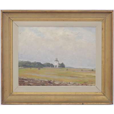 SLM 27998 - Oljemålning, landskap med kyrka, Gösta Sundvall 1943