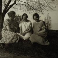 SLM P08-2211 - Tre kvinnor i kortärmadklänningar sittande på gräsmattan