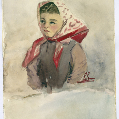 SLM 29189 - Akvarell, flicka med halsduk, målat av Clara Sandströmer (1861-1942)