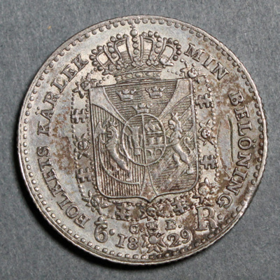 SLM 16504 - Mynt, 1/6 riksdaler silvermynt typ II 1829, Karl XIV Johan