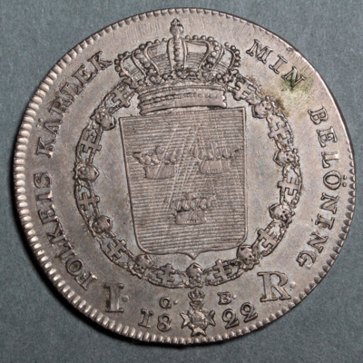 SLM 16494 - Mynt, 1 riksdaler silvermynt typ I 1822, Karl XIV Johan