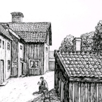 SLM KW185 - Östra Kyrkogatan 17 i Nyköping, teckning av Knut Wiholm