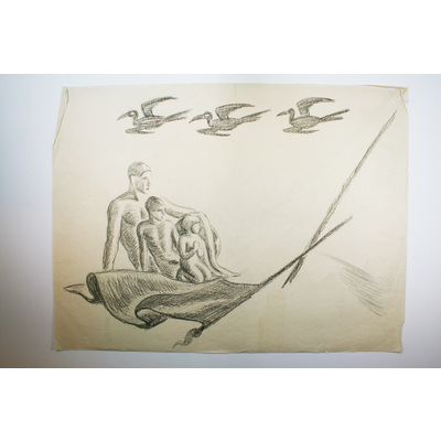 SLM 50056 - Teckning av Bodil Güntzel (1903-1998), scen med man, kvinna, barn och fåglar