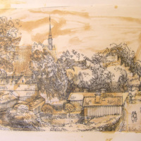 SLM 23340 1 - Teckning av Jan Afzelius, vy över Nyköping och Alla Helgona kyrka
