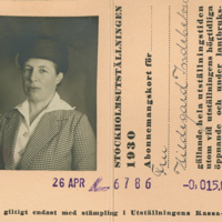SLM P11-6942 - Entrekort till Stockholmsutställningen 1930, Hildegard Aspelin