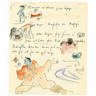 SLM 12326 5-8 - Utdrag från brev, bildserie över en dags händelser, av konstnären Per Månsson (1896-1949)