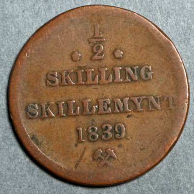SLM 16543 - Mynt, 1/2 skilling kopparmynt, skillemynt 1839, norskt, Karl XIV Johan