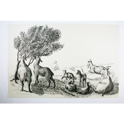 SLM 50090 - Tuschteckning av Bodil Güntzel (1903-1998), motiv med man och djur