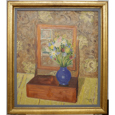 SLM 5642 - Oljemålning, toalettspegel med blomstervas, konstnär Rolf Trolle (1883-1972)